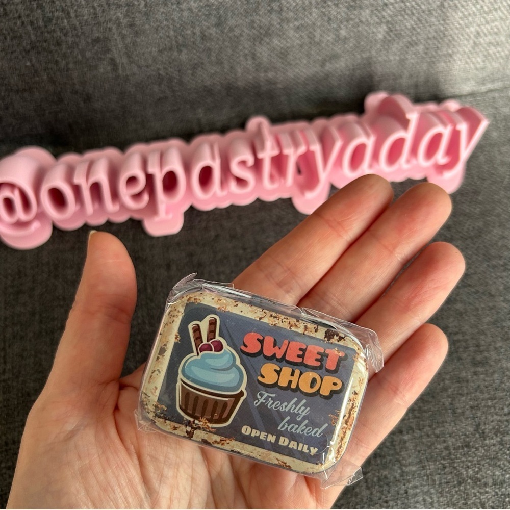“SWEET SHOP Freshly Baked Open Daily” Mini Travel Tin, Pill, Jewelry Box, Blue